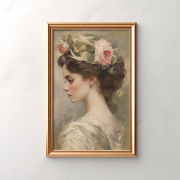 Victorian Lady Portrait Wall Art, Romantic Floral Headpiece, Vintage Style Home Decor, Elegant Woman Painting, Classical Artwork Print