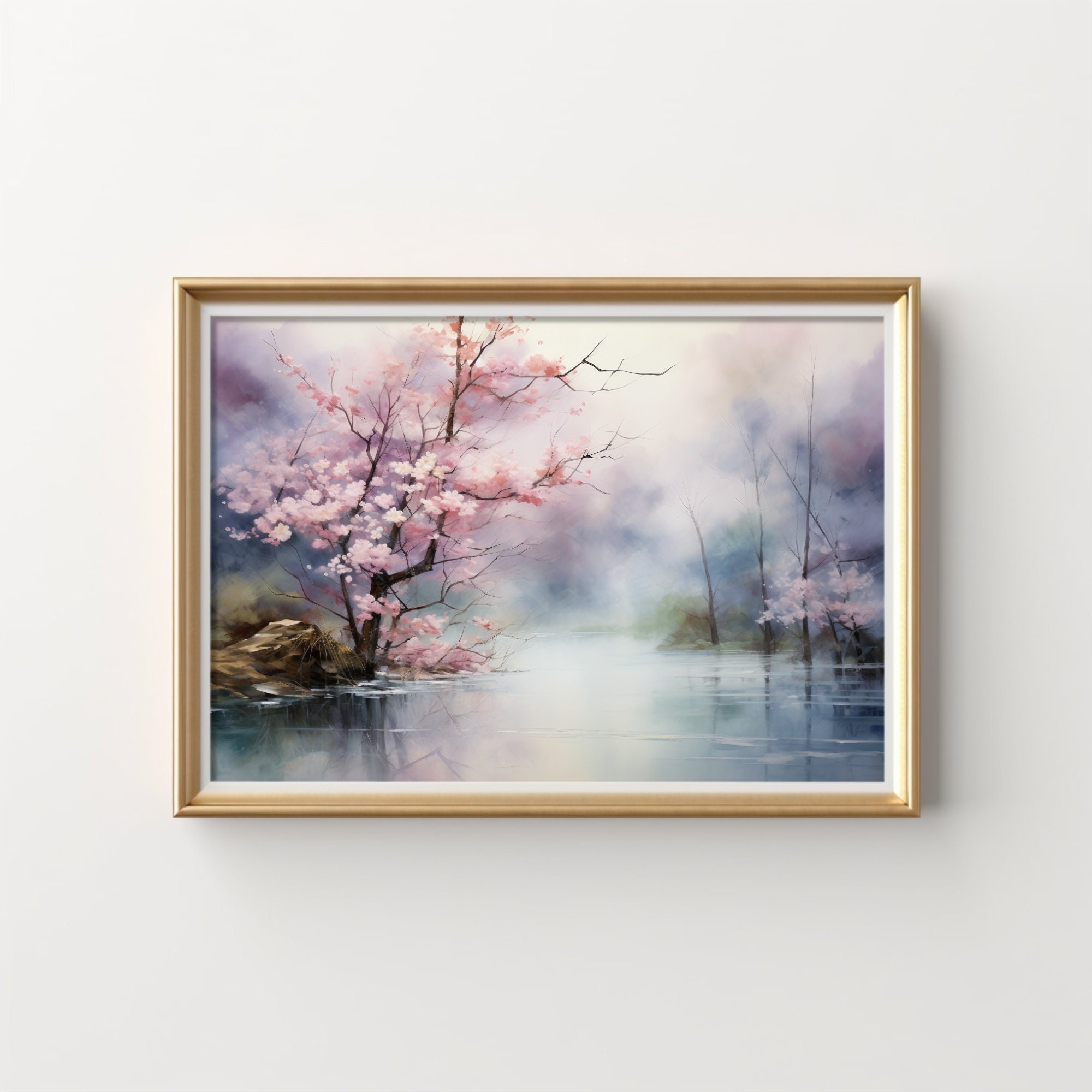 Tranquil Lake and Cherry Blossoms Canvas Print, Serene Nature Scenery ...