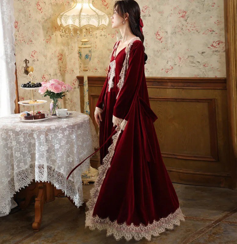 Victorian Nightgown Robe Set Women Velvet Vintage Nightgowns Autumn ...