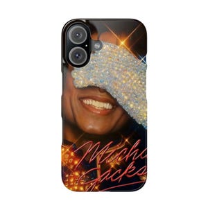 May include: Black phone case with a portrait of Michael Jackson, a sparkling glove partially obscuring his face. The case features the words "Michael Jackson" in a glowing, stylized font.