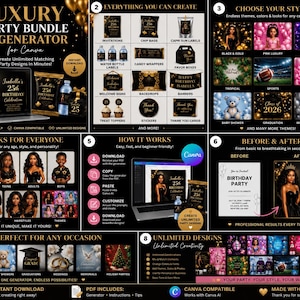 May include: A digital party design generator for Canva featuring eight panels. It displays templates for invitations, chip bags, water bottle labels, and banners in black and gold. The layout includes instructions, before and after examples, and various themes like sports, princess, and winter wonderland.