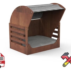 May include: A wooden pet bed with a dark brown finish, featuring a checkered canopy and a gray cushion. The bed has a slatted front and arched top, providing a cozy and stylish space for pets.