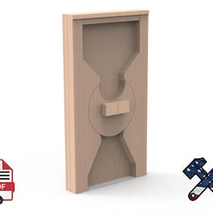 May include: A light-coloured wooden puzzle with an unusual hourglass-style design. The puzzle features a central circular element and a rectangular piece. The image also includes a PDF icon and a hammer and wrench graphic.