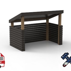 Può includere: Un capannone in legno nero con tetto spiovente, sostenuto da pali in legno marrone chiaro. Le pareti del capannone sono realizzate con assi nere orizzontali. Il design è un rendering 3D. L'immagine include anche un'icona PDF e un'icona martello e chiave.