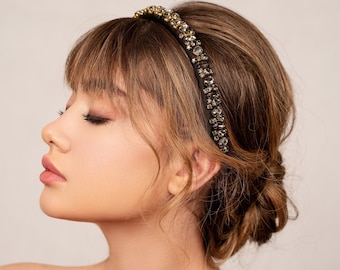 Lauren Satin Headband in Galaxy Black - Trendy Headband - Black Hair Accessories - Crystal Headband - Wedding Hair Piece - Handmade