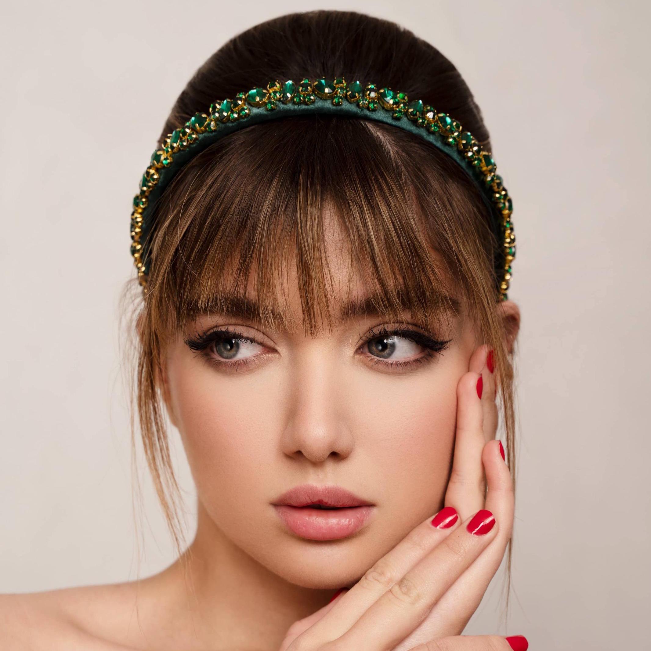 Green Satin Padded Headband with Rhinestone Accents Padded Satin Headband - Richard Designs main image 2