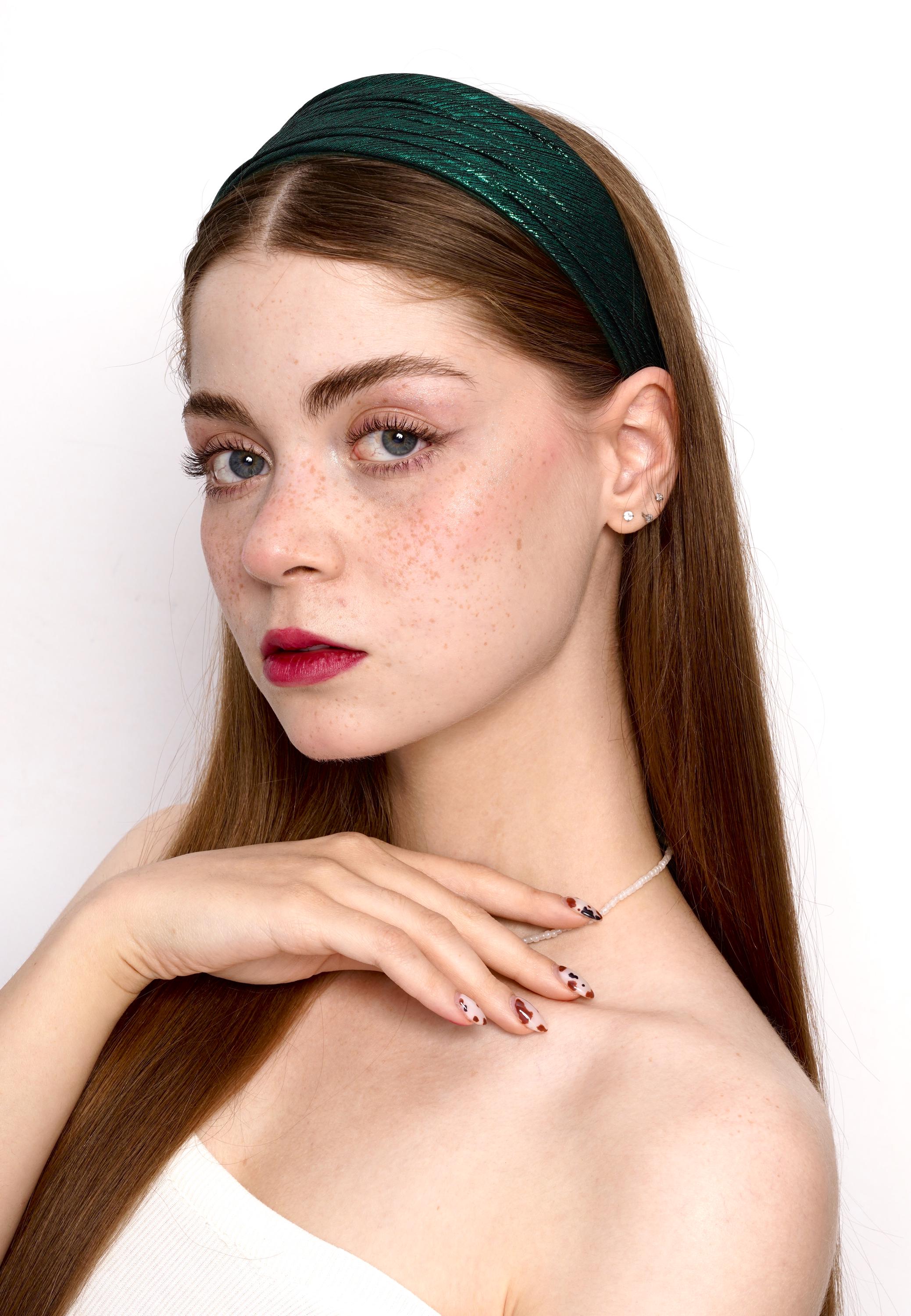 Green Satin Padded Headband with Rhinestone Accents Padded Satin Headband - Richard Designs main image 4
