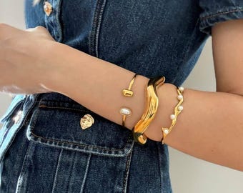 18K Gold Plated Bangle: Water Resistant Stainless Steel Cuff