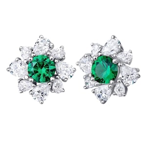 Women’s Earring - Emerald Green Flower Stud Earrings Sterling Silver Rhodium Plated - Zircon & Silver Jewellery -  Gift Idea