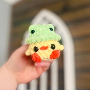 crochet duck plushie ~ ducky with frog hat ~ kids toy ~ cute stuffed animal ~ gift ~ amigurumi ~ handmade ~ physical product ~ MADE TO ORDER