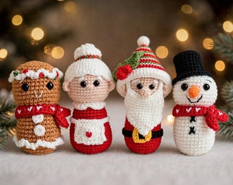 Crochet Pattern Set of 4 Christmas Ornament, Santa Claus, Mrs Claus, Gingerbread,Snowman, Holiday Tree Decor,  Amigurumi English PDF Pattern