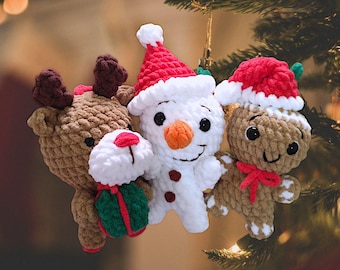 3-in-1 Crochet Christmas Ornaments Pattern: Reindeer, Snowman, Gingerbread (PDF Pattern)