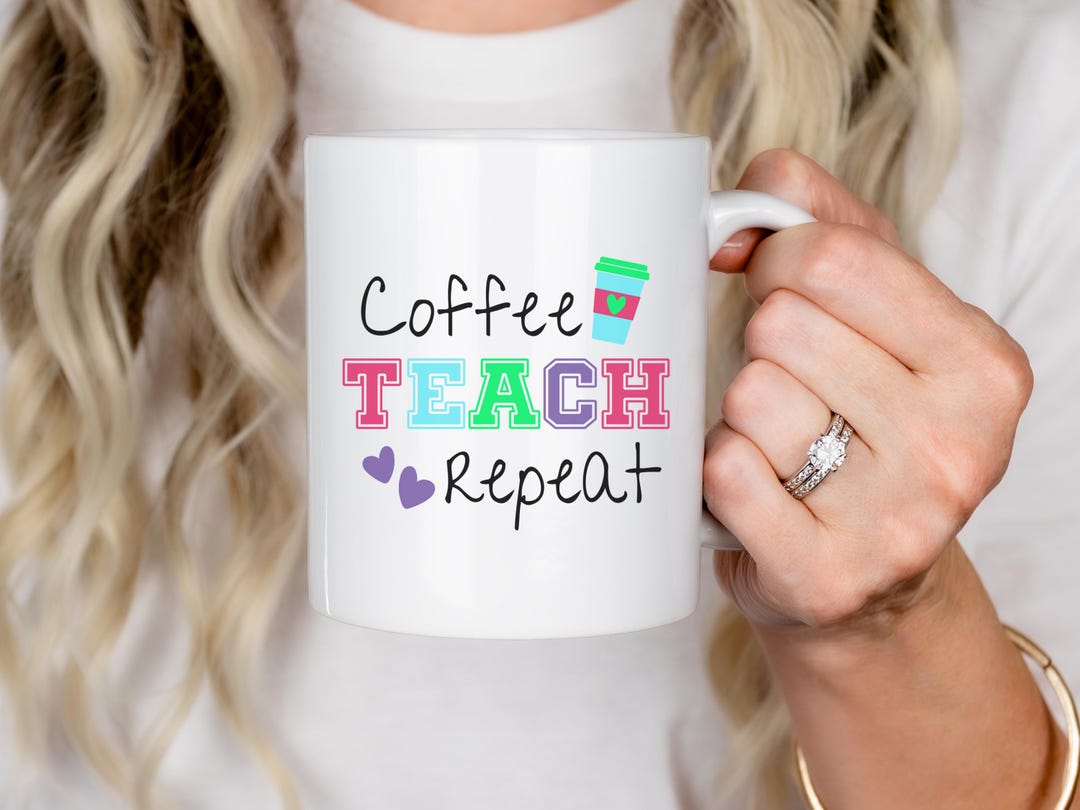 Funny Teacher Mug: Coffee Teach Repeat - Preppy Varsity Font - Etsy