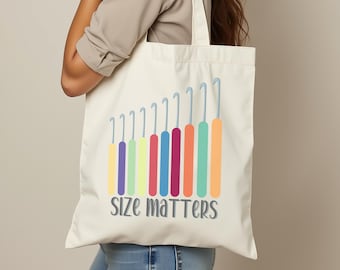 Funny Crochet Hook Cotton Canvas Tote Bag - 'Size Matters' Yarn Lover Gift