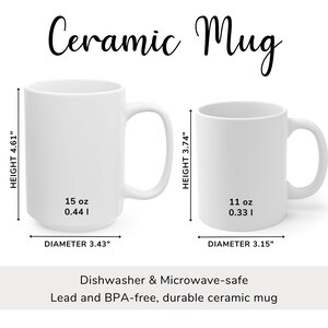 May include: Two white ceramic mugs of different sizes are displayed against a white background. The larger mug is 4.61 inches tall with a 3.43-inch diameter, holding 15 oz. The smaller mug is 3.74 inches tall with a 3.15-inch diameter, holding 11 oz.