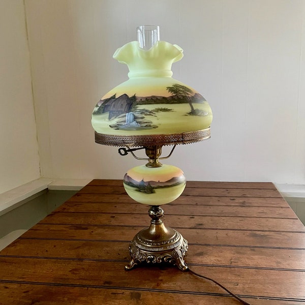 Fenton Uranium "Grist Mill" Student Lamp Hand Painted By Michael Dickinson. Vintage Footed Hurricane Lamp with Cabin Scene.