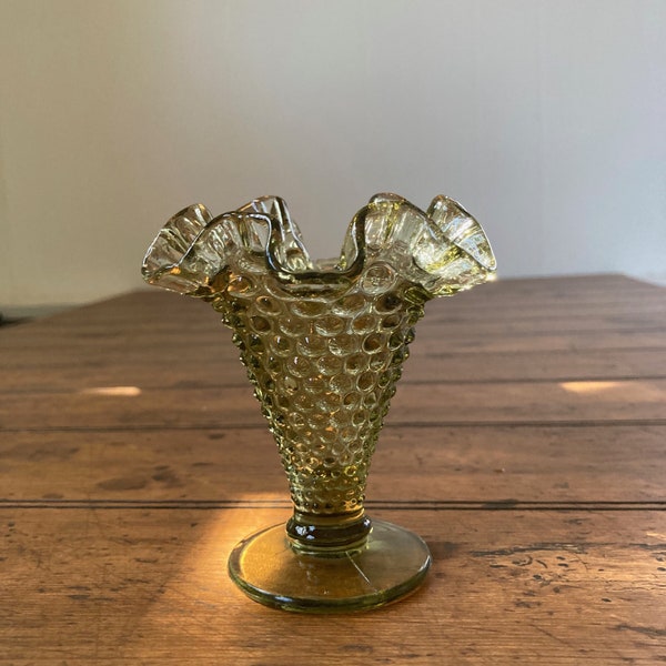 Vintage Fenton Colonial Green Vase. Small Hobnail Ruffle Vase.