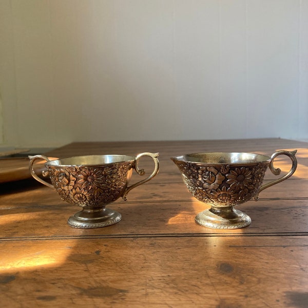 Floral Silver Plated Sugar and Creamer Set. Vintage Tea Party Decor. Mid-Century Serveware.