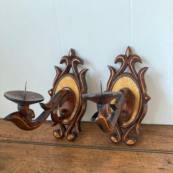 Pair of Vintage Wooden Candle Sconces. Victorian Style Wall Decor. Housewarming Gift.