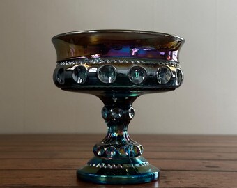 Vintage Carnival Glass Kings Crown Purple Blue Iridescent Thumbprint Pedestal Bowl. Trinket Dish. Ornate Jewel Colored Dish.