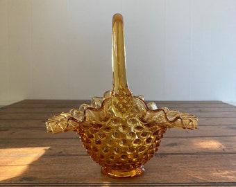 Amber Hobnail Fenton Basket. Vintage Orange Glass. 1960’s Decor.