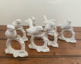 Vintage FF Fitz & Floyd Ceramic Porcelain Bird Napkin Rings. White Finch Cardinal. Set of 7