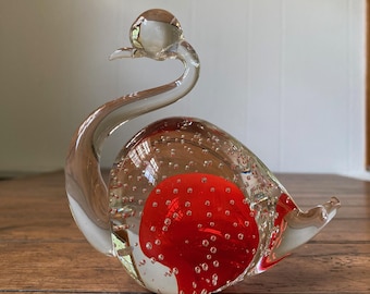 Vintage Art Glass Figurine Paperweight Red and Clear Glass Swan. Murano Collectible. Blown Glass Bird.