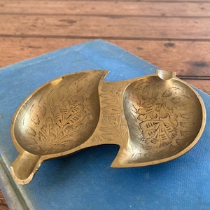 Ornate Vintage Brass Leaf Ashtrays. Made in India. Embossed Engraved Floral. Trinket Dish. Ring Dish