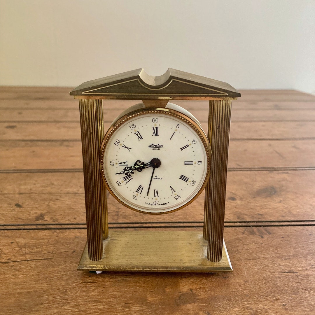 Vintage French Linden Guild Floating Brass Alarm Clock. Antique Roman