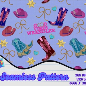 Western Cowgirl Bow Good Vibes Wrangler Periwinkle Seamless Pattern 300 DPI PNG Instant D/L Digital Papers Vinyl Tyg Yta Designfil