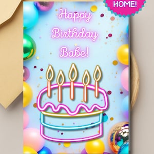 Biglietto di auguri stampabile di buon compleanno al neon per adolescente, sorella, amica