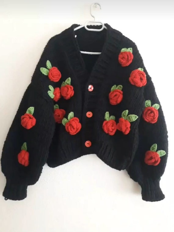 Red Rose ,Rose Embroidered Knit Cardigan , Woman Knit Clothes , Crochet Jacket valentine's day gifts for her , Vintage Clothes Red Rose ,Rose Embroidered Knit Cardigan , Woman Knit Clothes , Crochet Jacket valentine's day gifts for her , Vintage Clothes
