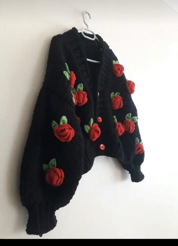 Red Rose ,Rose Embroidered Knit Cardigan , Woman Knit Clothes , Crochet Jacket valentine's day gifts for her , Vintage Clothes Red Rose ,Rose Embroidered Knit Cardigan , Woman Knit Clothes , Crochet Jacket valentine's day gifts for her , Vintage Clothes