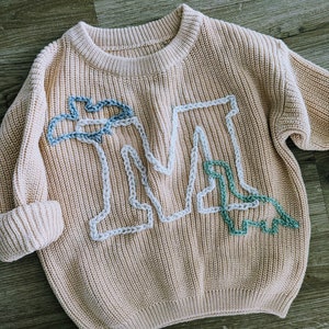 Personalised Knit Initial with Dinosaurs Jumper/ Sweater- Oversized Knit