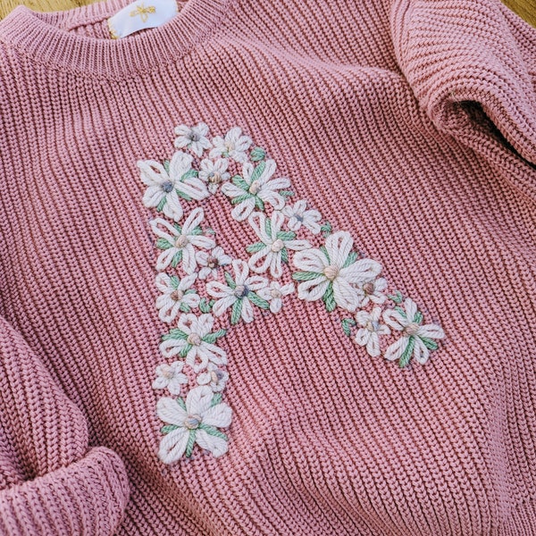 Personalised Hand Embroidered Floral Initial Jumper/Sweater  - Oversized Knit - Blush/White