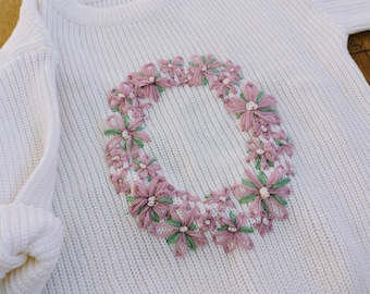 Hand Embroidered Floral Initial Jumper - Oversized Knit - White/Purple