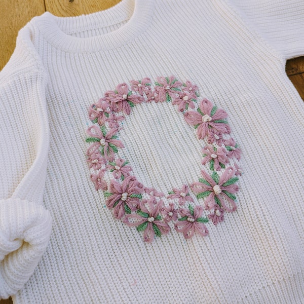 Hand Embroidered Floral Initial Jumper - Oversized Knit - White/Purple