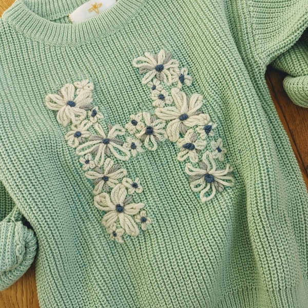 Hand Embroidered Floral Initial Jumper - Oversized Knit - Mint/White