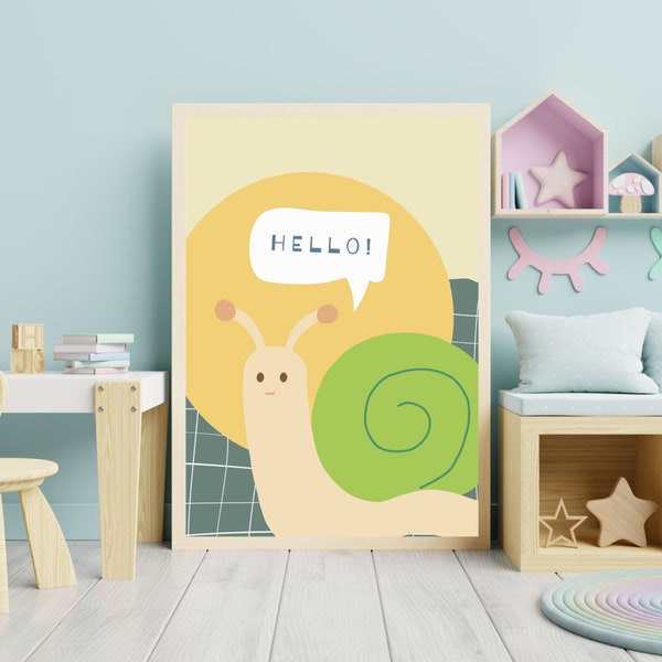 Hello Snail Wall Art, Print Wall Art, Kids Room Decor, Nursery Room Decor, Kids Room Poster Digital Print, Nursery Wall Art Digital Download