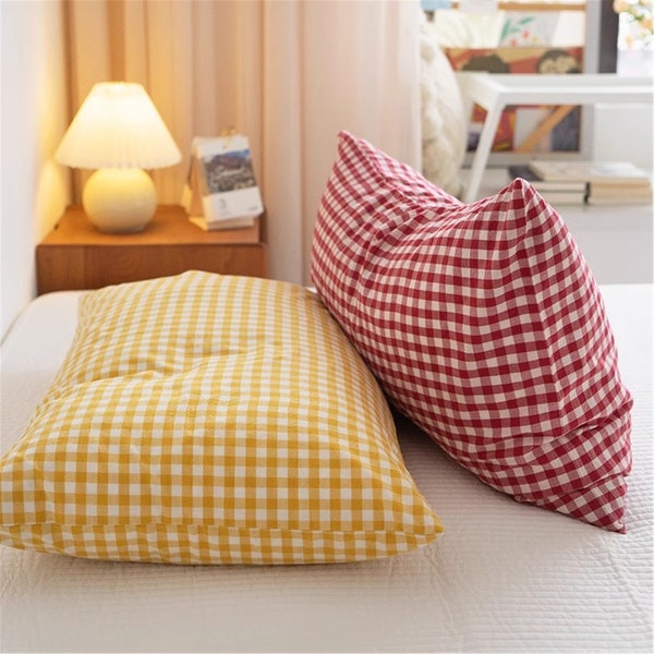 Plaid Gingham Pillowcases, Cozy Pillow shams, Queen Pillow cases, Cotton Country Cottage Pillowcases, Bedding Accessories, Red/Green/Yellow