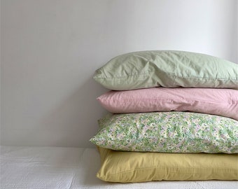 Green Floral Pillowcases, Plain Pillow shams, Queen Pillow cases with Flowers, Cotton Pillowcases, Bedding Accessories