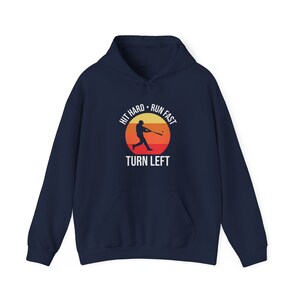 Hit Hard, Run Fast, Turn Left Baseball Hoodie, Unisex Heavy Blend Hoodie, Kleurrijk Design Hoodie, Cadeau voor honkbalspeler, Cadeau voor Coach,