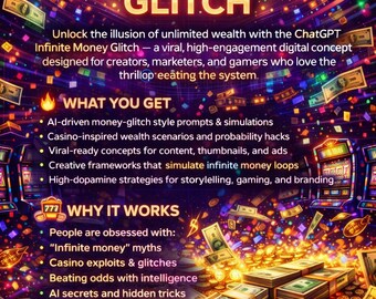 May include: A vibrant digital graphic promoting "ChatGPT Infinite Money Glitch." The image features text and illustrations of money, slot machines, and icons for content creators, digital marketers, game designers, and prompt engineers. The text promises unlimited wealth.