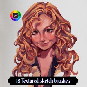 May include: Digital illustration of a woman with curly auburn hair and a smiling expression. The image includes the Procreate app logo and text that reads "18 Textured sketch brushes". The artwork has a warm color palette.