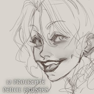 May include: A digital sketch of a person's face with expressive features, rendered in dark gray lines on a light gray background. The text 10 PROCREATE PENCIL BRUSHES is displayed in the lower left corner in a dark gray serif font.