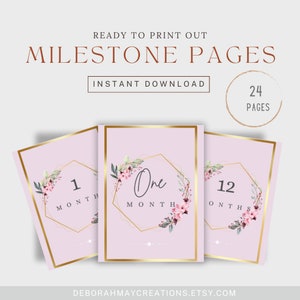 Cartes bébé imprimables jalons, cartes photo pour les 12 premiers mois de votre bébé - rose et or