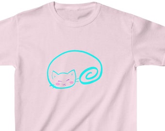 Neon Blue Sleeping Cat Kids T-Shirt - Cute and Playful Tee Gift for Boys and Girls - Vibrant Animal Design Heavy Cotton Kitty Lover Meow