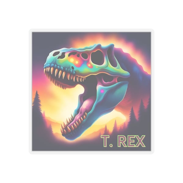 T Rex Dinosaur Kiss-Cut Stickers - psychedelic art, bold bright colours, Jurassic fossil skull, gift for kid, gift for him