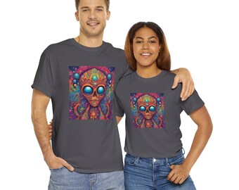 Psychedelic Alien - Unisex Heavy Cotton Tee - cosmic galactic alien gift, gift for him or her, bold and bright colours