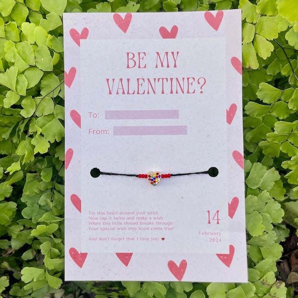 Custom Valentine Wish Bracelet | Charm Bracelet | Cute Heart Love Letter Card | Pink with Red Hearts